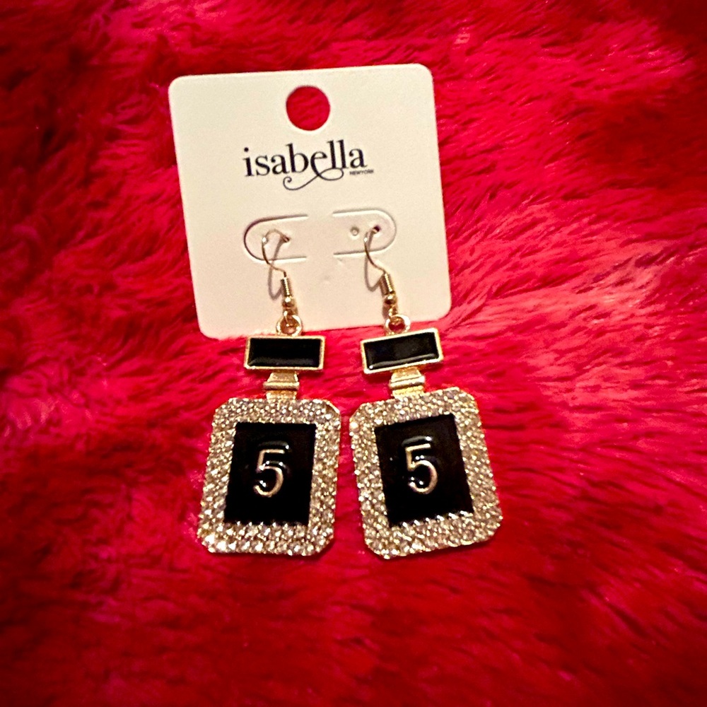 Gold perfume bottle withh black brand new earrings